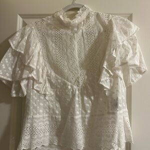 Embroidered Eyelet Ruffle Sleeve Blouse - White